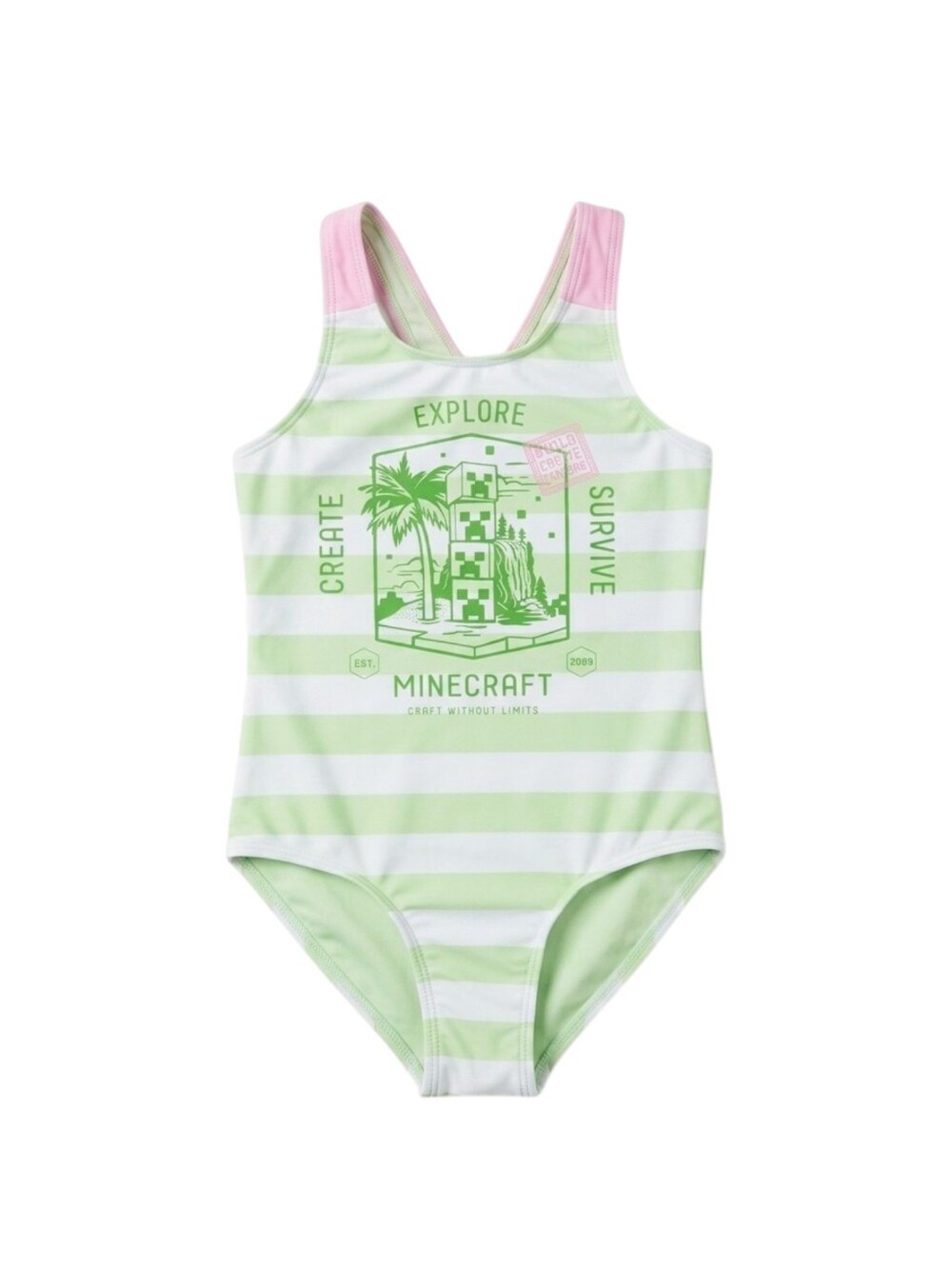 NEW Minecraft Kids One Piece Swimsuit Green White Stripes Pink Girls Size 7 8